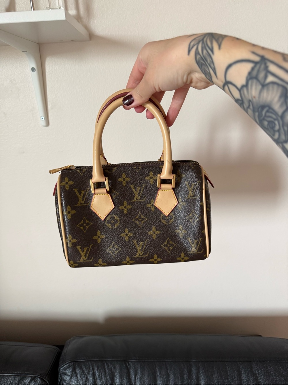 Brown Monogram Mini Handbag with Natural Leather Handles